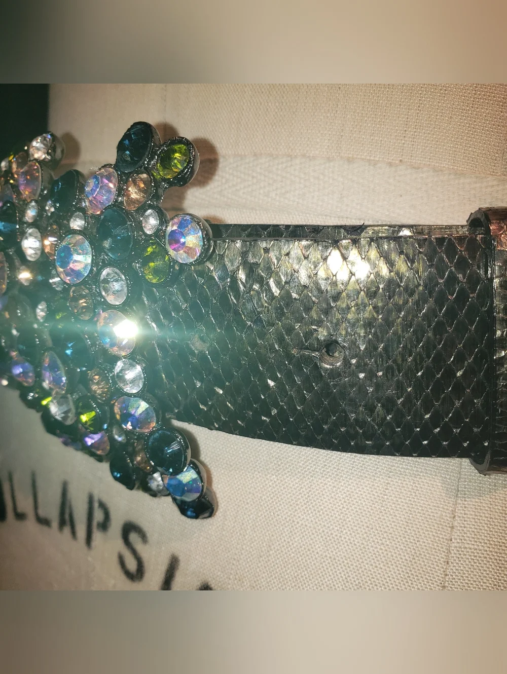 PreOwned Super Rare Huge Swarovski Crystal Buckle Metallic Green Python Belt